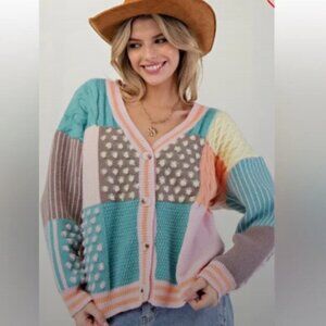Colorful Patchwork Cardigan Sweater size L